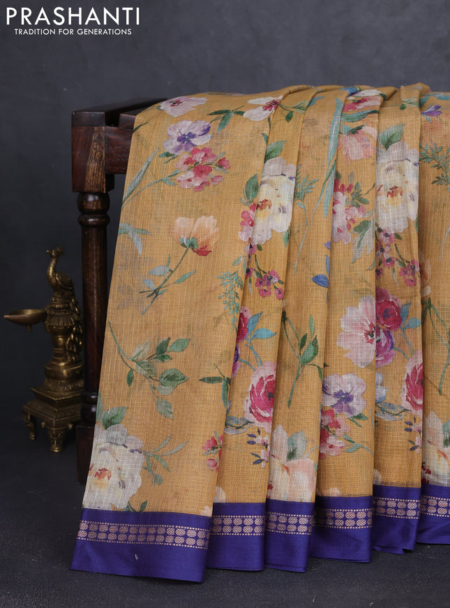 Kota silk cotton saree sandal and blue with allover floral digital prints and thread woven border