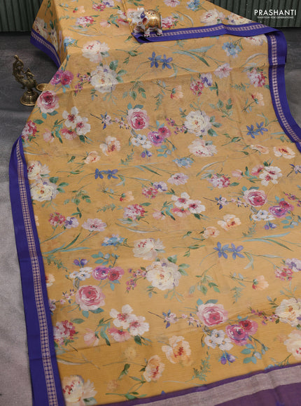 Kota silk cotton saree sandal and blue with allover floral digital prints and thread woven border