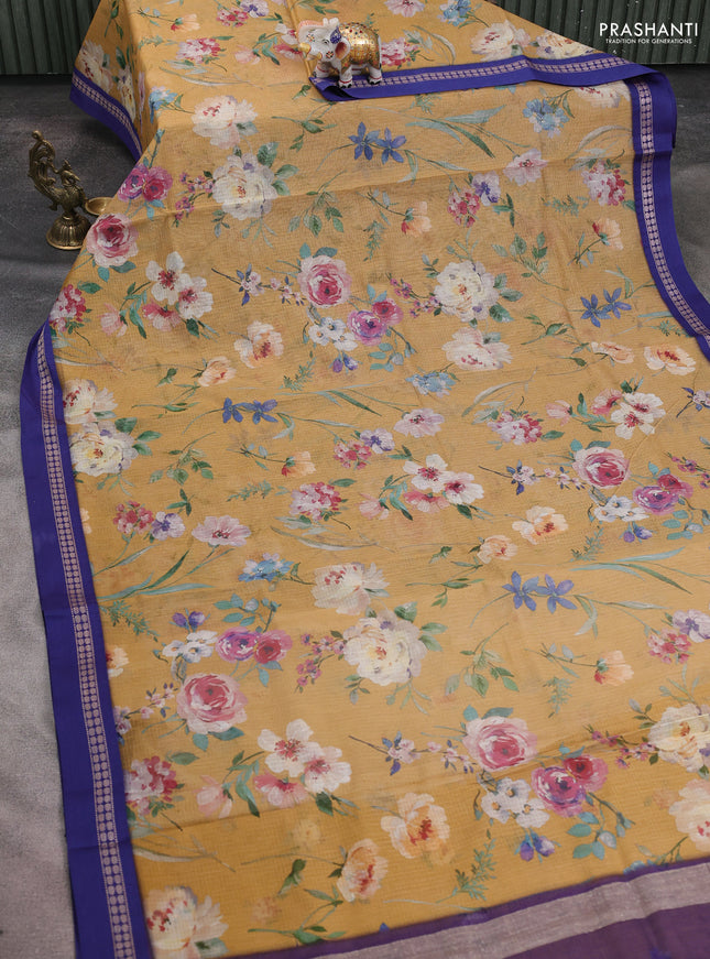 Kota silk cotton saree sandal and blue with allover floral digital prints and thread woven border