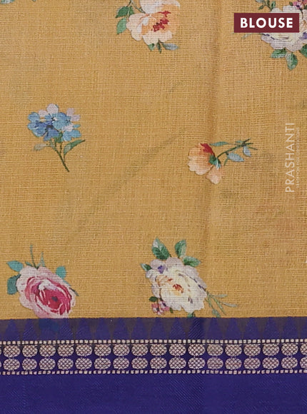 Kota silk cotton saree sandal and blue with allover floral digital prints and thread woven border