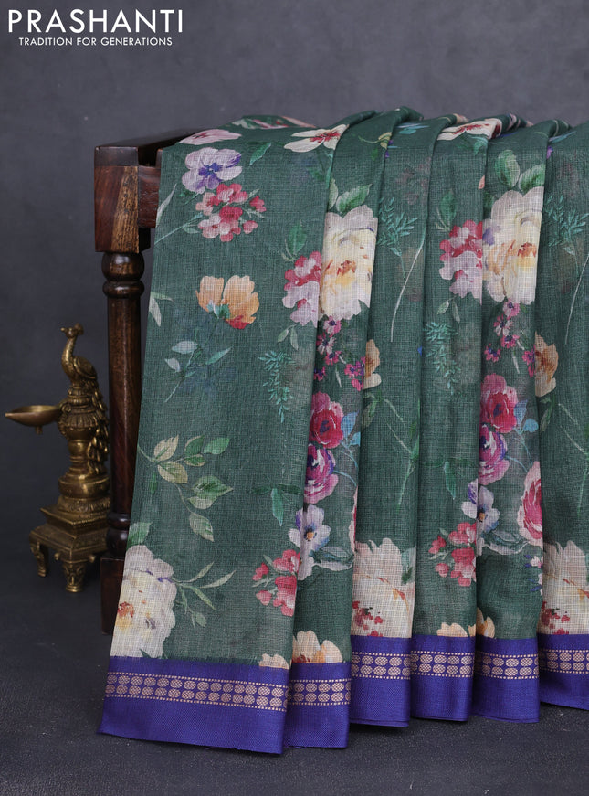 Kota silk cotton saree sap green and blue with allover floral digital prints and thread woven border
