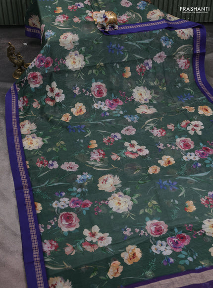 Kota silk cotton saree sap green and blue with allover floral digital prints and thread woven border