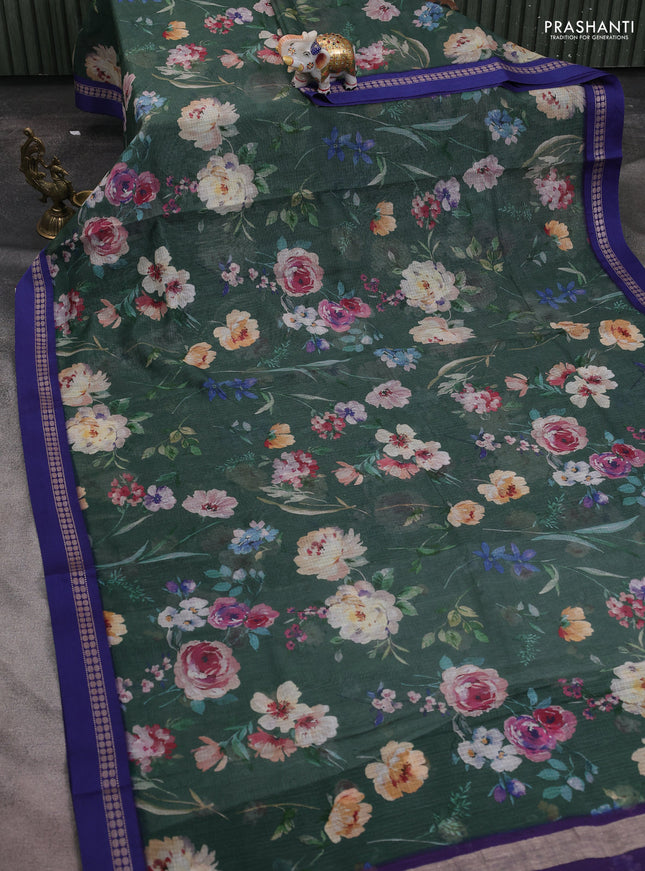 Kota silk cotton saree sap green and blue with allover floral digital prints and thread woven border