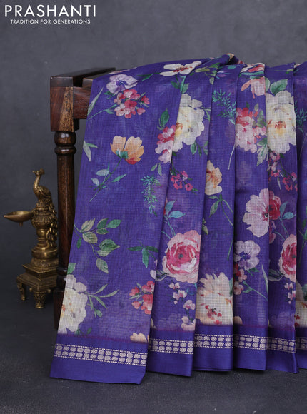 Kota silk cotton saree blue with allover floral digital prints and thread woven border