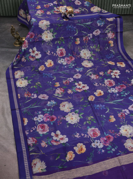 Kota silk cotton saree blue with allover floral digital prints and thread woven border