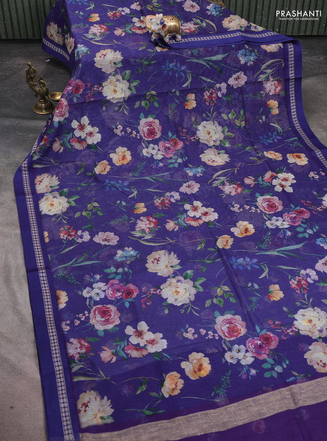 Kota silk cotton saree blue with allover floral digital prints and thread woven border