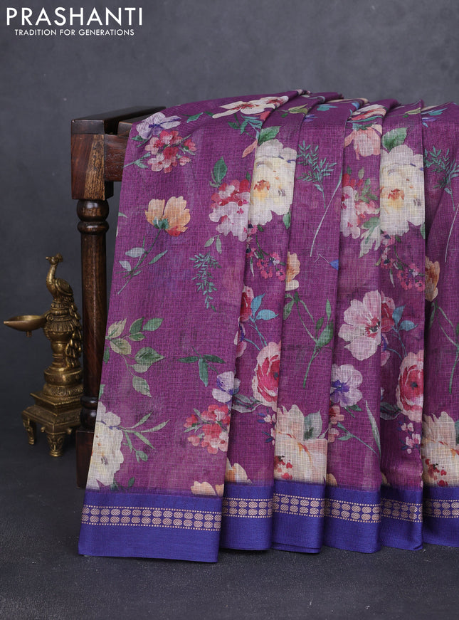 Kota silk cotton saree purple and blue with allover floral digital prints and thread woven border