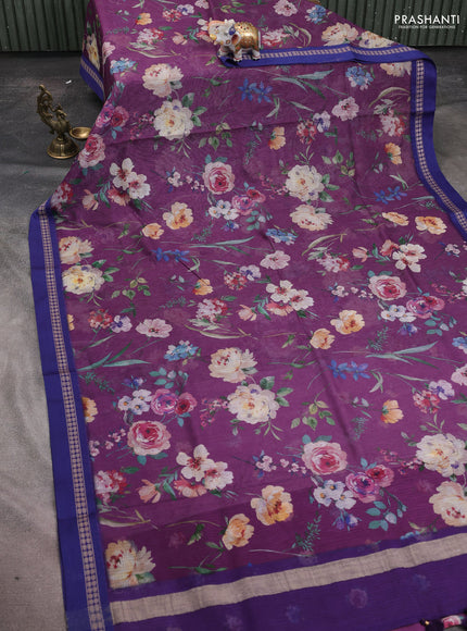 Kota silk cotton saree purple and blue with allover floral digital prints and thread woven border