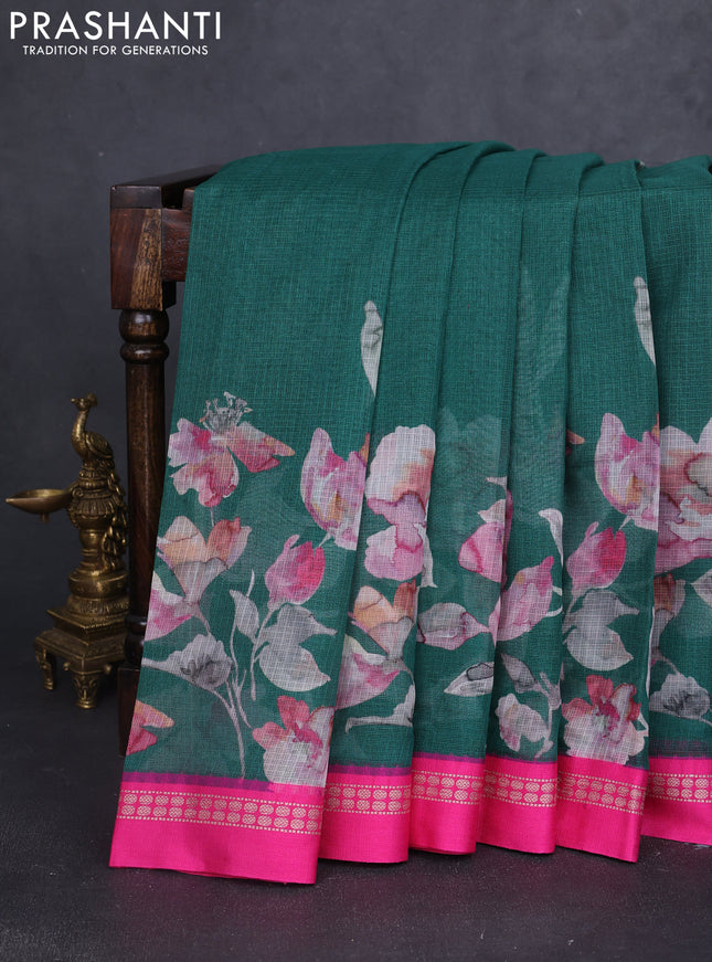 Kota silk cotton saree dark green and pink with allover floral digital prints and thread woven border
