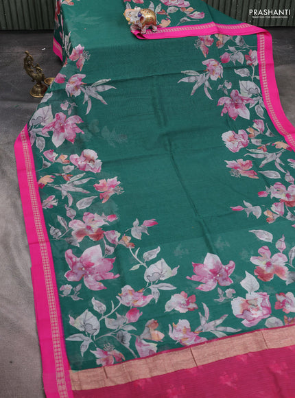 Kota silk cotton saree dark green and pink with allover floral digital prints and thread woven border