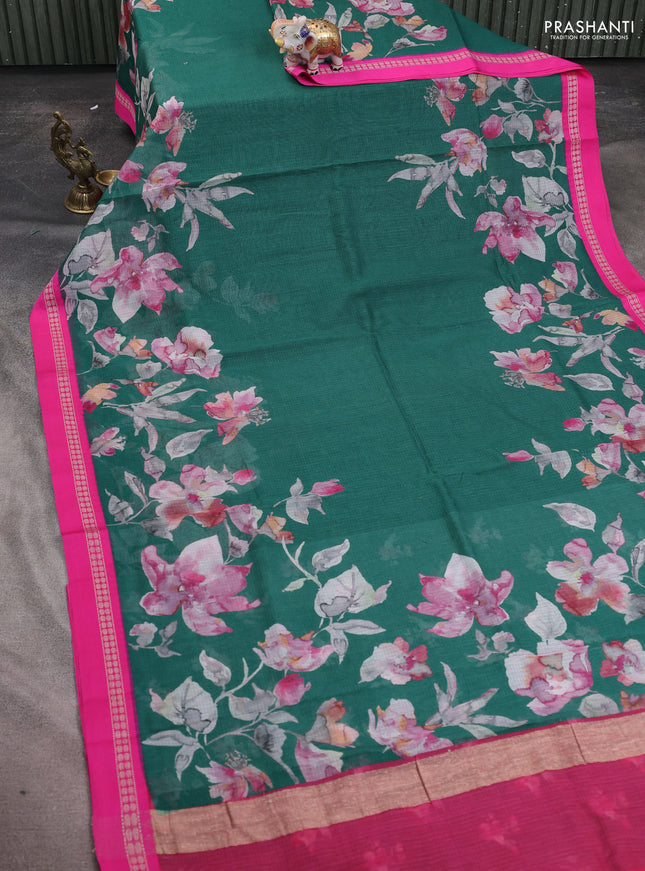 Kota silk cotton saree dark green and pink with allover floral digital prints and thread woven border