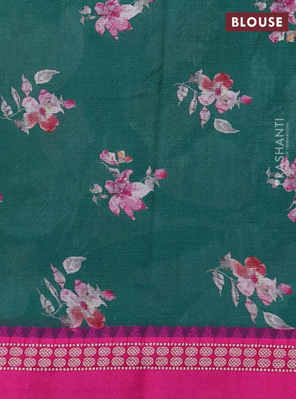 Kota silk cotton saree dark green and pink with allover floral digital prints and thread woven border