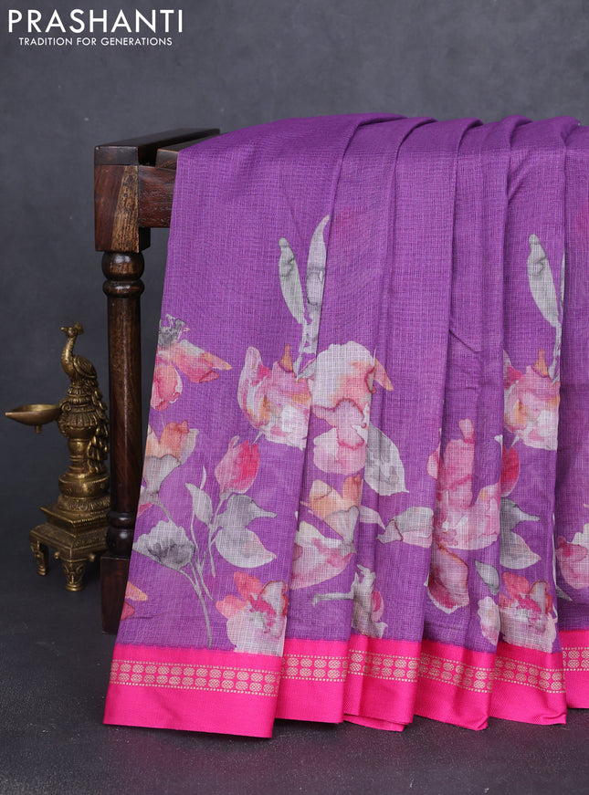 Kota silk cotton saree lavender shade and pink with allover floral digital prints and thread woven border