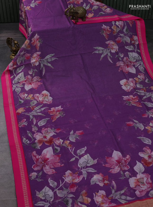 Kota silk cotton saree lavender shade and pink with allover floral digital prints and thread woven border