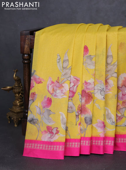 Kota silk cotton saree yellow and pink with allover floral digital prints and thread woven border