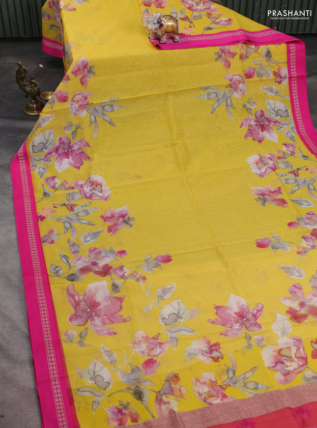 Kota silk cotton saree yellow and pink with allover floral digital prints and thread woven border