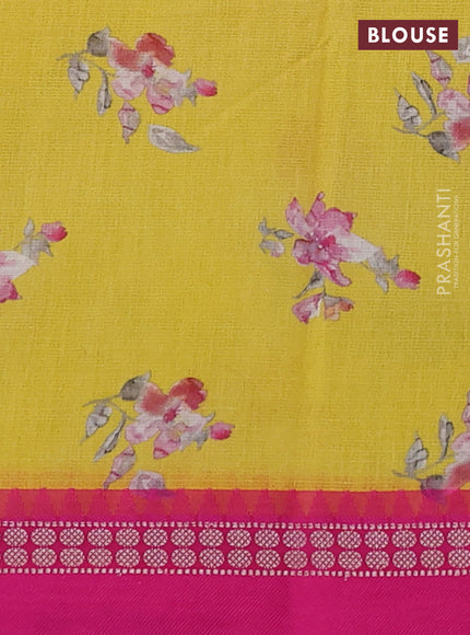 Kota silk cotton saree yellow and pink with allover floral digital prints and thread woven border