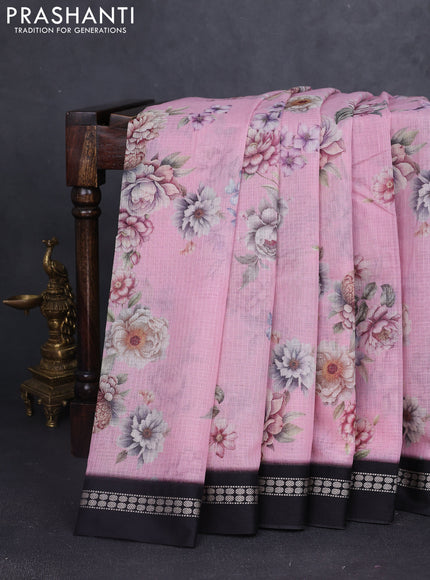 Kota silk cotton saree baby pink and black with allover floral digital prints and thread woven border