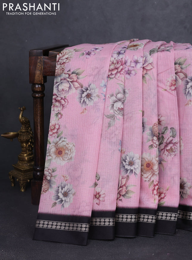 Kota silk cotton saree baby pink and black with allover floral digital prints and thread woven border