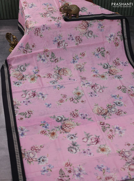 Kota silk cotton saree baby pink and black with allover floral digital prints and thread woven border