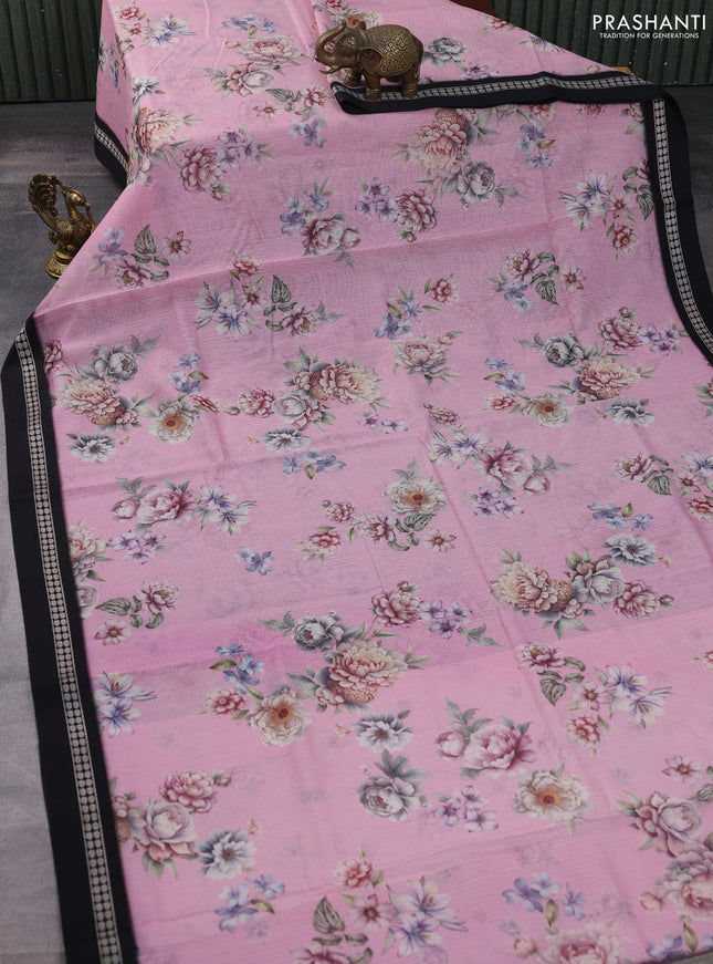 Kota silk cotton saree baby pink and black with allover floral digital prints and thread woven border
