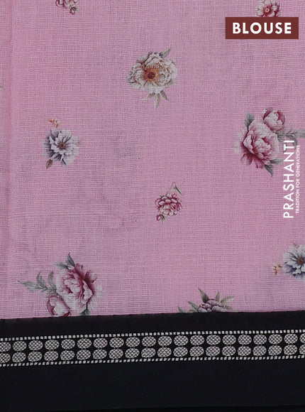 Kota silk cotton saree baby pink and black with allover floral digital prints and thread woven border