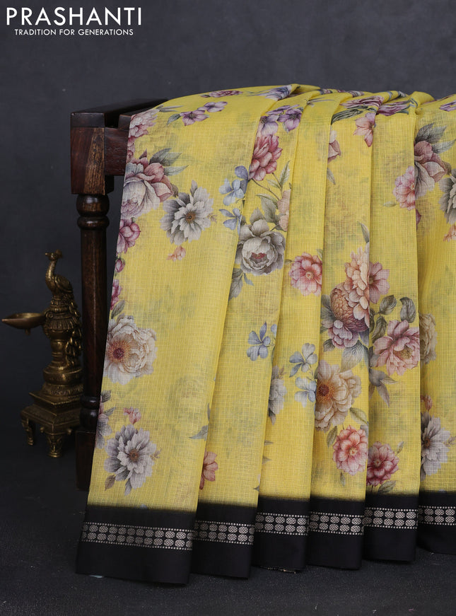 Kota silk cotton saree yellow and black with allover floral digital prints and thread woven border