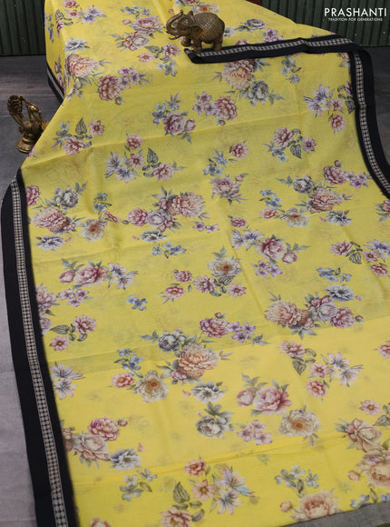 Kota silk cotton saree yellow and black with allover floral digital prints and thread woven border