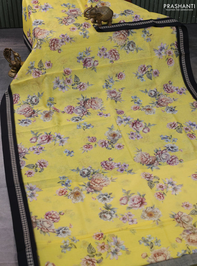 Kota silk cotton saree yellow and black with allover floral digital prints and thread woven border