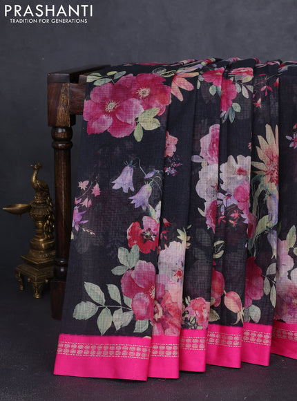 Kota silk cotton saree black and pink with allover floral digital prints and thread woven border