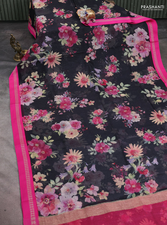 Kota silk cotton saree black and pink with allover floral digital prints and thread woven border