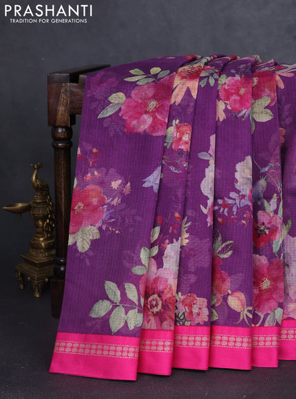 Kota silk cotton saree purple and pink with allover floral digital prints and thread woven border