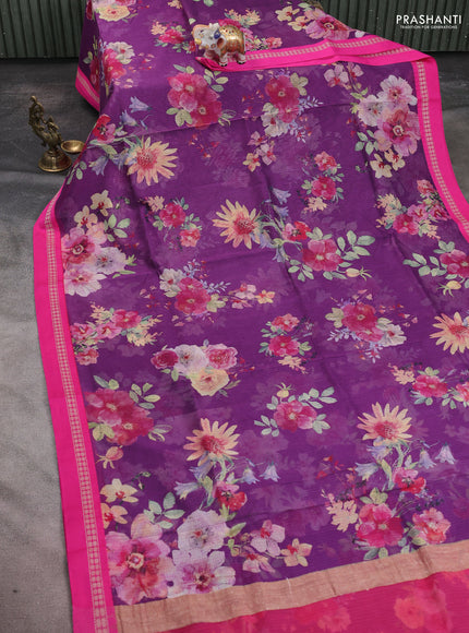 Kota silk cotton saree purple and pink with allover floral digital prints and thread woven border