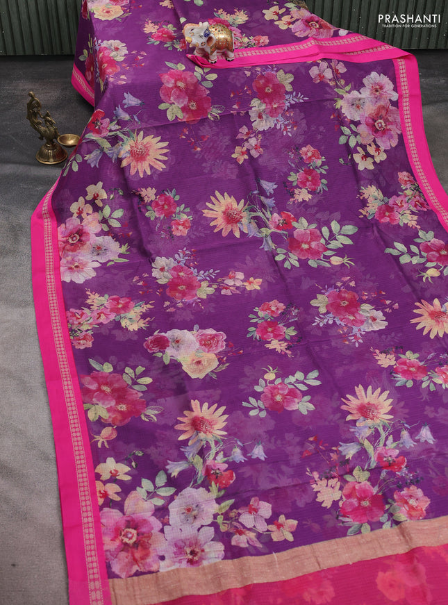 Kota silk cotton saree purple and pink with allover floral digital prints and thread woven border