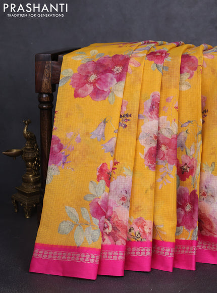 Kota silk cotton saree yellow and pink with allover floral digital prints and thread woven border