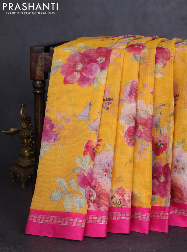 Kota silk cotton saree yellow and pink with allover floral digital prints and thread woven border
