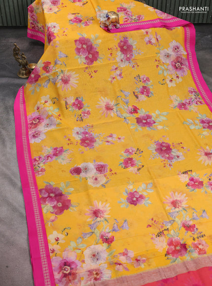 Kota silk cotton saree yellow and pink with allover floral digital prints and thread woven border