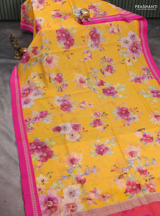 Kota silk cotton saree yellow and pink with allover floral digital prints and thread woven border
