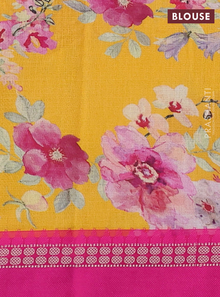 Kota silk cotton saree yellow and pink with allover floral digital prints and thread woven border