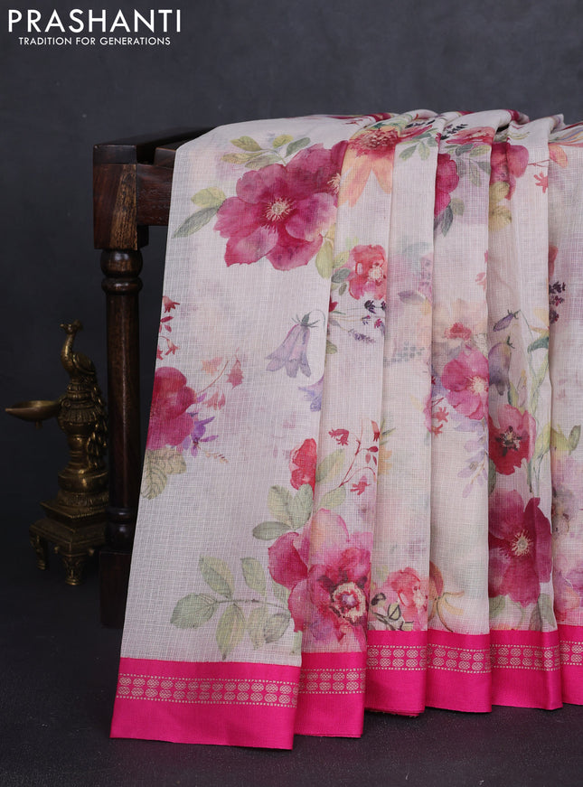 Kota silk cotton saree cream and pink with allover floral digital prints and thread woven border
