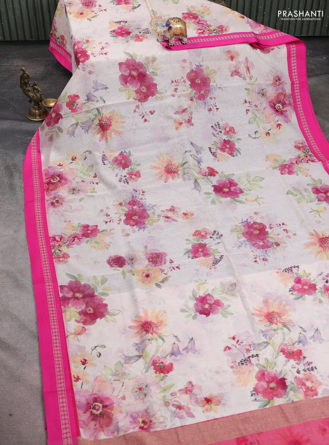 Kota silk cotton saree cream and pink with allover floral digital prints and thread woven border