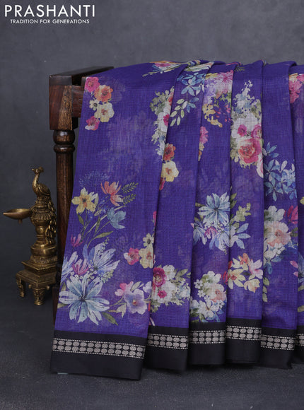 Kota silk cotton saree blue and black with allover floral digital prints and thread woven border