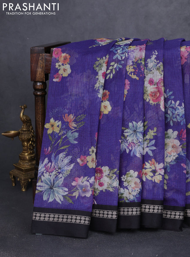Kota silk cotton saree blue and black with allover floral digital prints and thread woven border