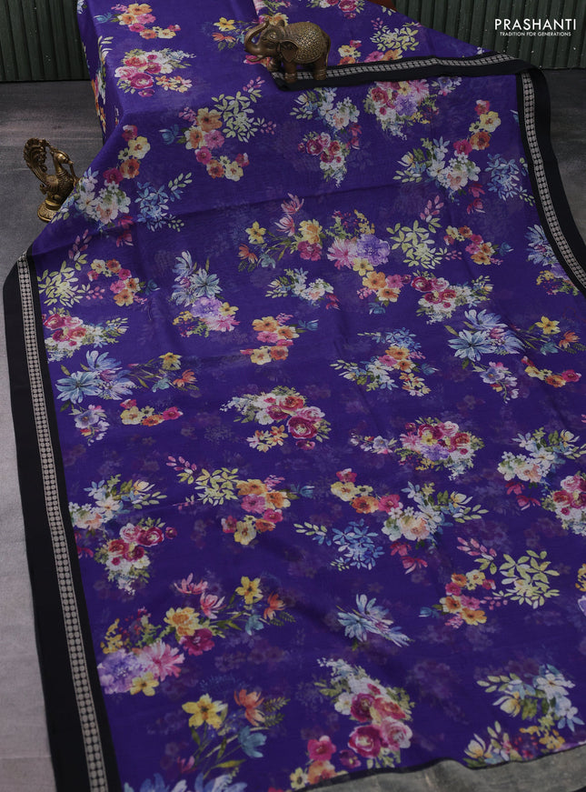 Kota silk cotton saree blue and black with allover floral digital prints and thread woven border