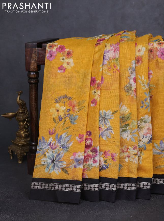 Kota silk cotton saree mustard yellow and black with allover floral digital prints and thread woven border
