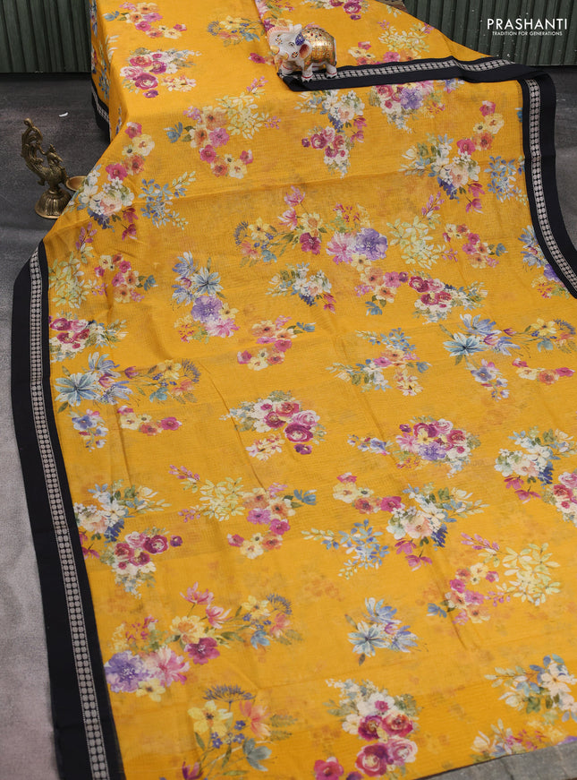 Kota silk cotton saree mustard yellow and black with allover floral digital prints and thread woven border