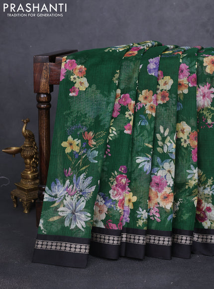 Kota silk cotton saree green and black with allover floral digital prints and thread woven border