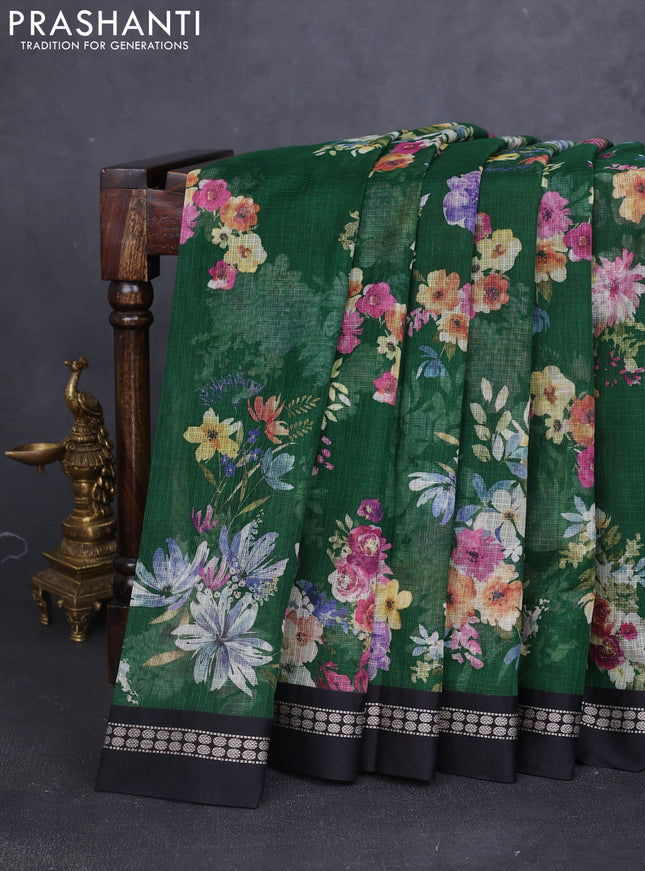Kota silk cotton saree green and black with allover floral digital prints and thread woven border