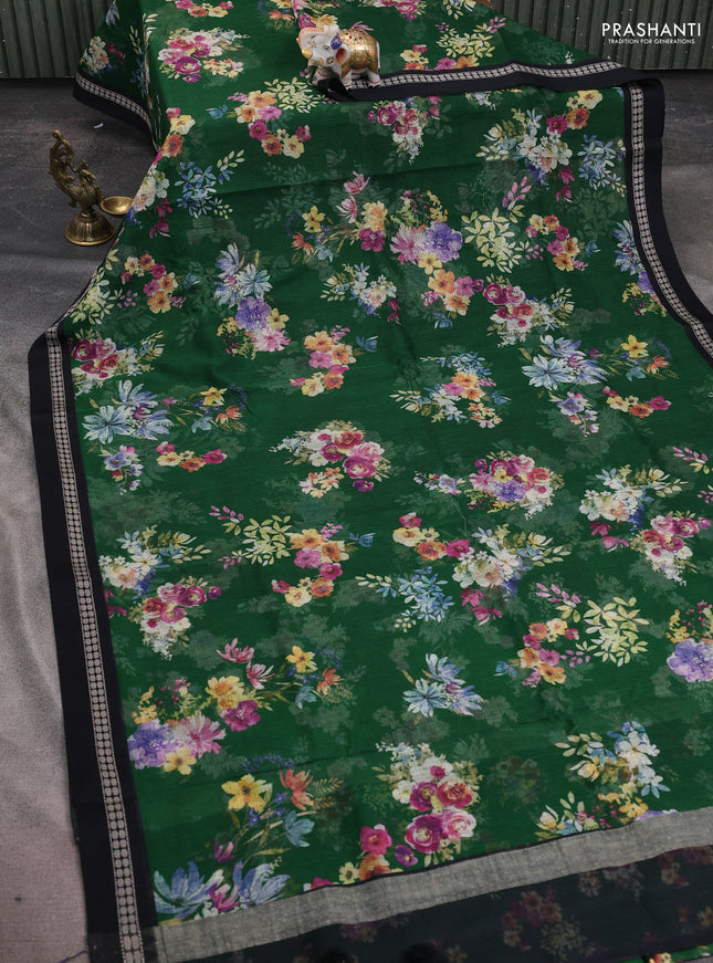 Kota silk cotton saree green and black with allover floral digital prints and thread woven border