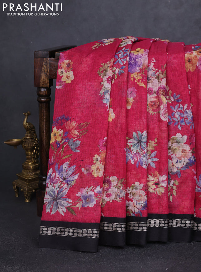 Kota silk cotton saree pink and black with allover floral digital prints and thread woven border